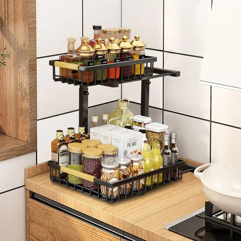 2-Tier Under Sink Organizer with Pull-Out Drawer – Adjustable Cabinet Storage Rack for Kitchen & Bathroom