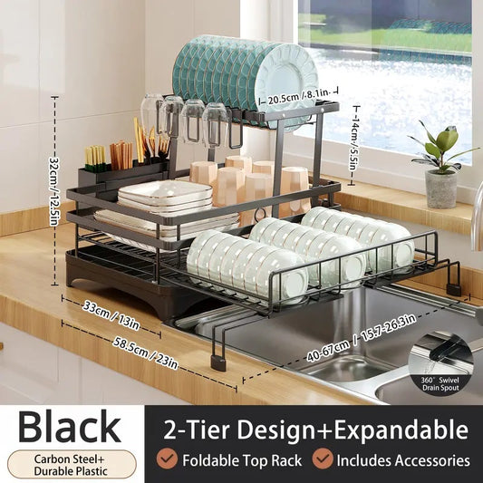 Foldable Over Sink Dish Drying Rack – 2-Tier Kitchen Organizer with Utensil Holder & Cup Storage