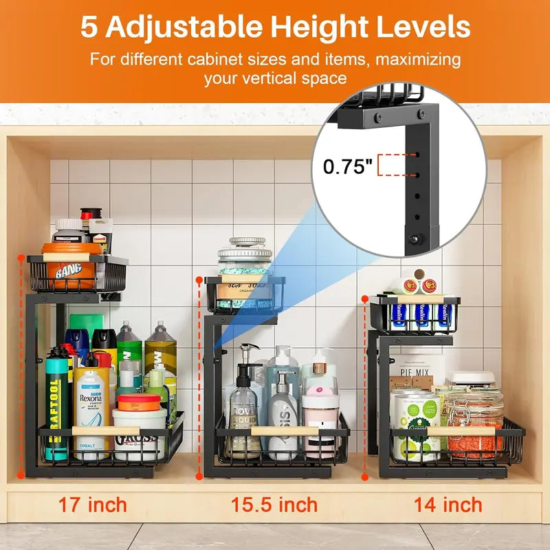 2-Tier Under Sink Organizer with Pull-Out Drawer – Adjustable Cabinet Storage Rack for Kitchen & Bathroom