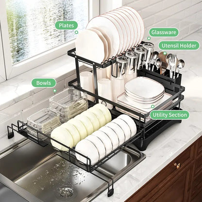 Foldable Over Sink Dish Drying Rack – 2-Tier Kitchen Organizer with Utensil Holder & Cup Storage