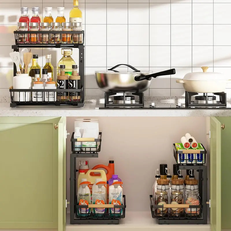 2-Tier Under Sink Organizer with Pull-Out Drawer – Adjustable Cabinet Storage Rack for Kitchen & Bathroom