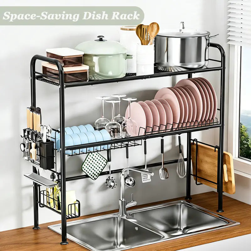 Over Sink Dish Drying Rack – 1 & 2 Tier Kitchen Counter Organizer with Space-Saving Metal Storage Design
