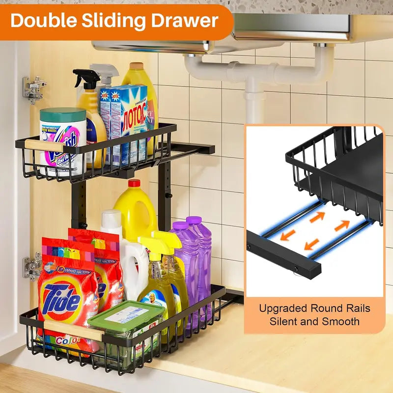 2-Tier Under Sink Organizer with Pull-Out Drawer – Adjustable Cabinet Storage Rack for Kitchen & Bathroom