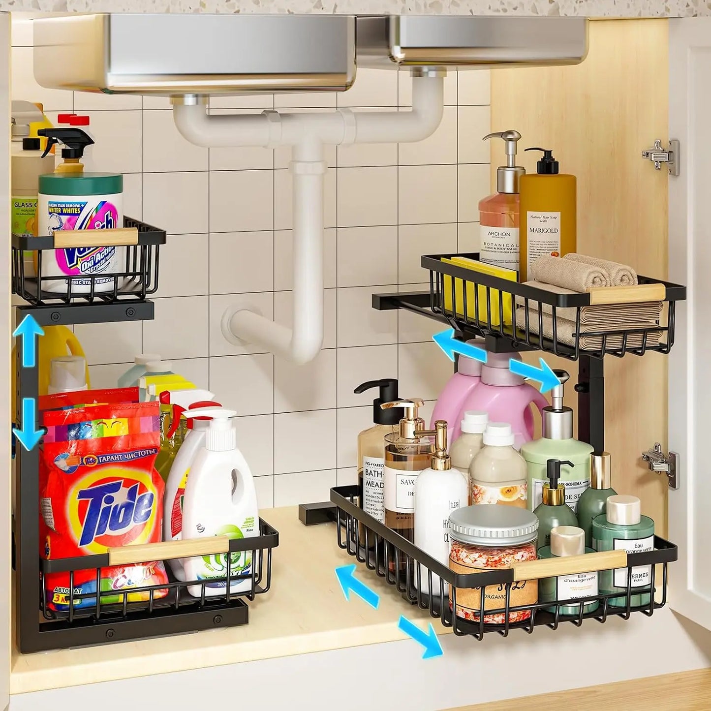 2-Tier Under Sink Organizer with Pull-Out Drawer – Adjustable Cabinet Storage Rack for Kitchen & Bathroom