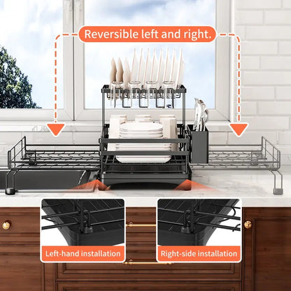 Foldable Over Sink Dish Drying Rack – 2-Tier Kitchen Organizer with Utensil Holder & Cup Storage