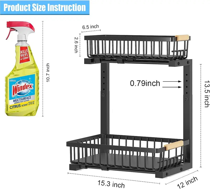 2-Tier Under Sink Organizer with Pull-Out Drawer – Adjustable Cabinet Storage Rack for Kitchen & Bathroom