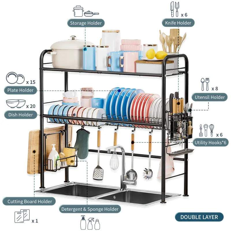 Over Sink Dish Drying Rack – 1 & 2 Tier Kitchen Counter Organizer with Space-Saving Metal Storage Design