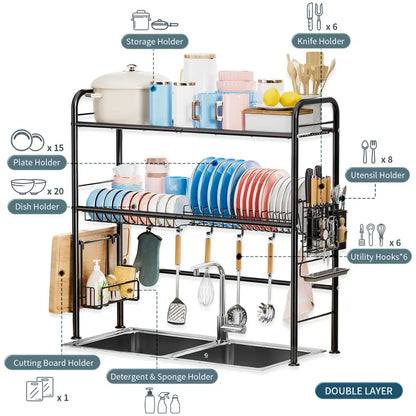 Over Sink Dish Drying Rack – 1 & 2 Tier Kitchen Counter Organizer with Space-Saving Metal Storage Design