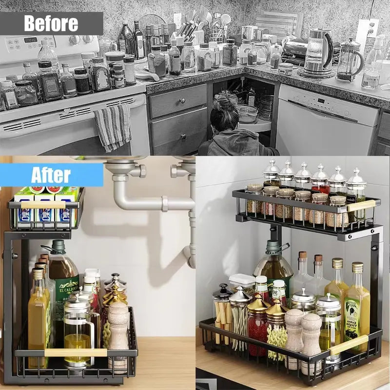 2-Tier Under Sink Organizer with Pull-Out Drawer – Adjustable Cabinet Storage Rack for Kitchen & Bathroom