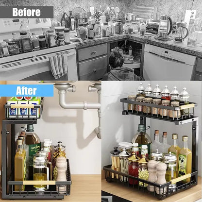 2-Tier Under Sink Organizer with Pull-Out Drawer – Adjustable Cabinet Storage Rack for Kitchen & Bathroom